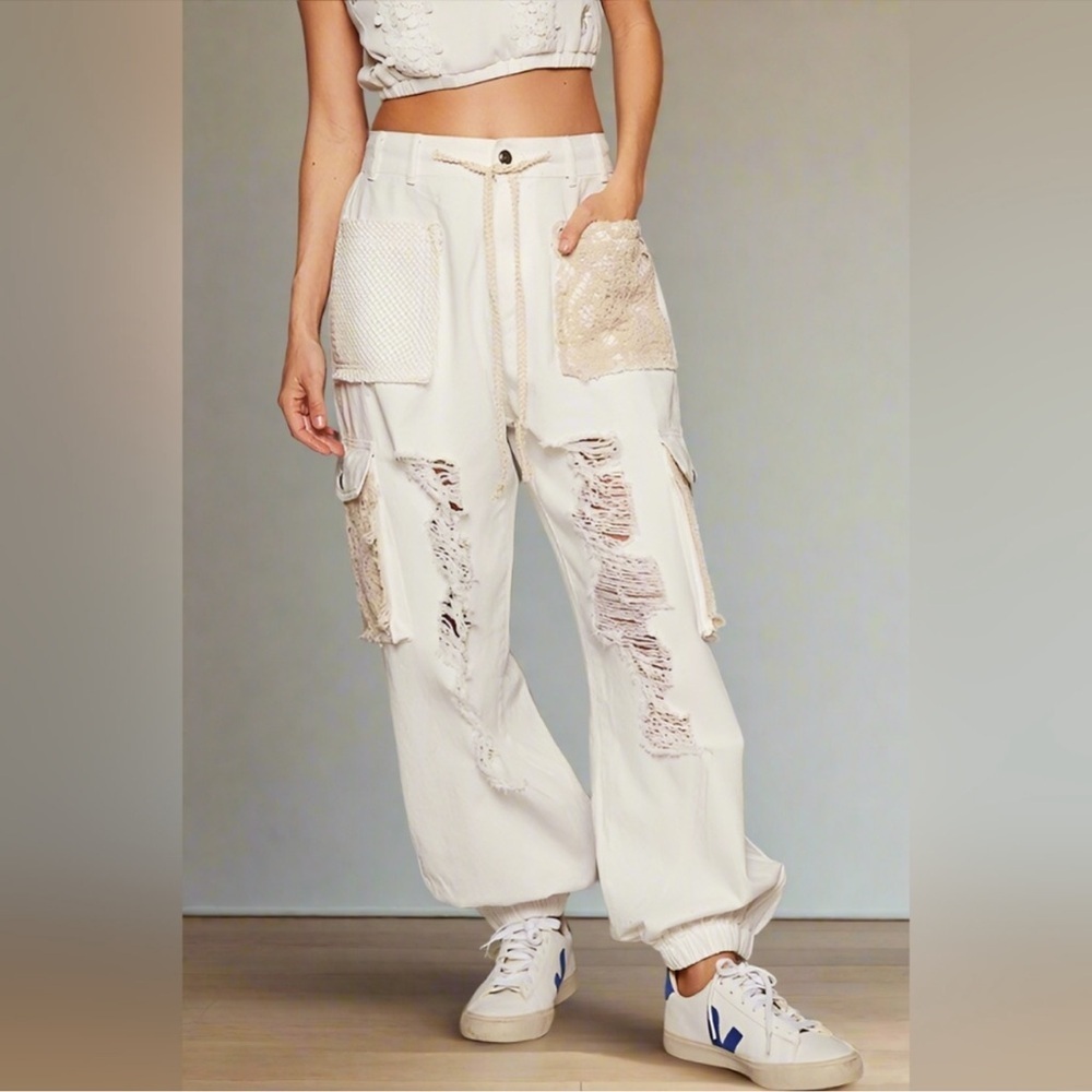 POL Women's Distressed Joggers, Off-White with Lace accents
